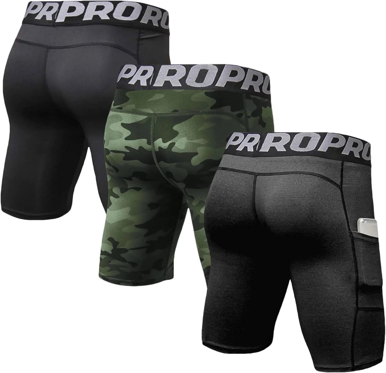 LANBAOSI Mens Compression Shorts with Phone Pocket Running Gym Yoga Athletic Tights Baselayer Summer Cool Dry Underwear Pack