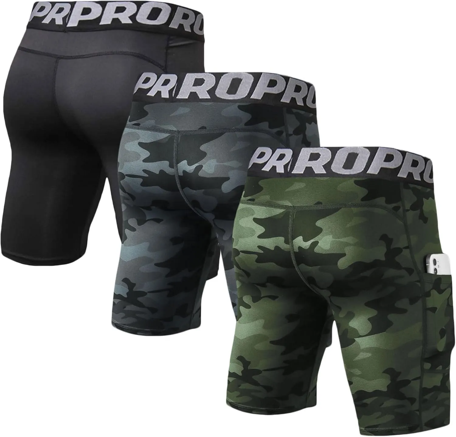 LANBAOSI Mens Compression Shorts with Phone Pocket Running Gym Yoga Athletic Tights Baselayer Summer Cool Dry Underwear Pack