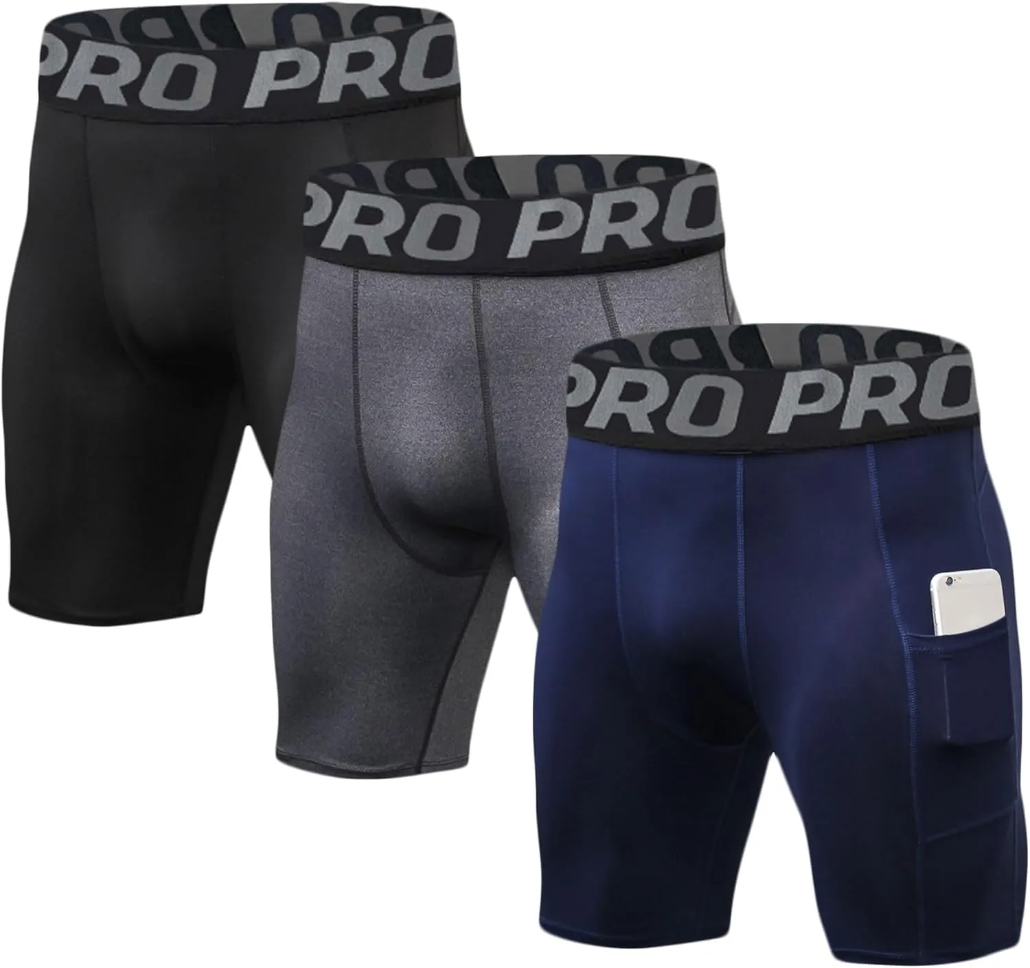 LANBAOSI Mens Compression Shorts with Phone Pocket Running Gym Yoga Athletic Tights Baselayer Summer Cool Dry Underwear Pack