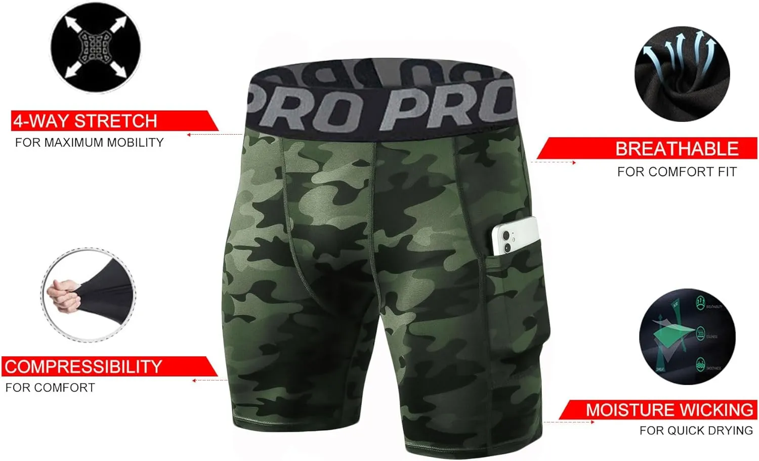 LANBAOSI Mens Compression Shorts with Phone Pocket Running Gym Yoga Athletic Tights Baselayer Summer Cool Dry Underwear Pack