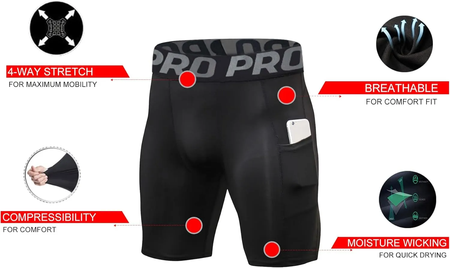 LANBAOSI Mens Compression Shorts with Phone Pocket Running Gym Yoga Athletic Tights Baselayer Summer Cool Dry Underwear Pack