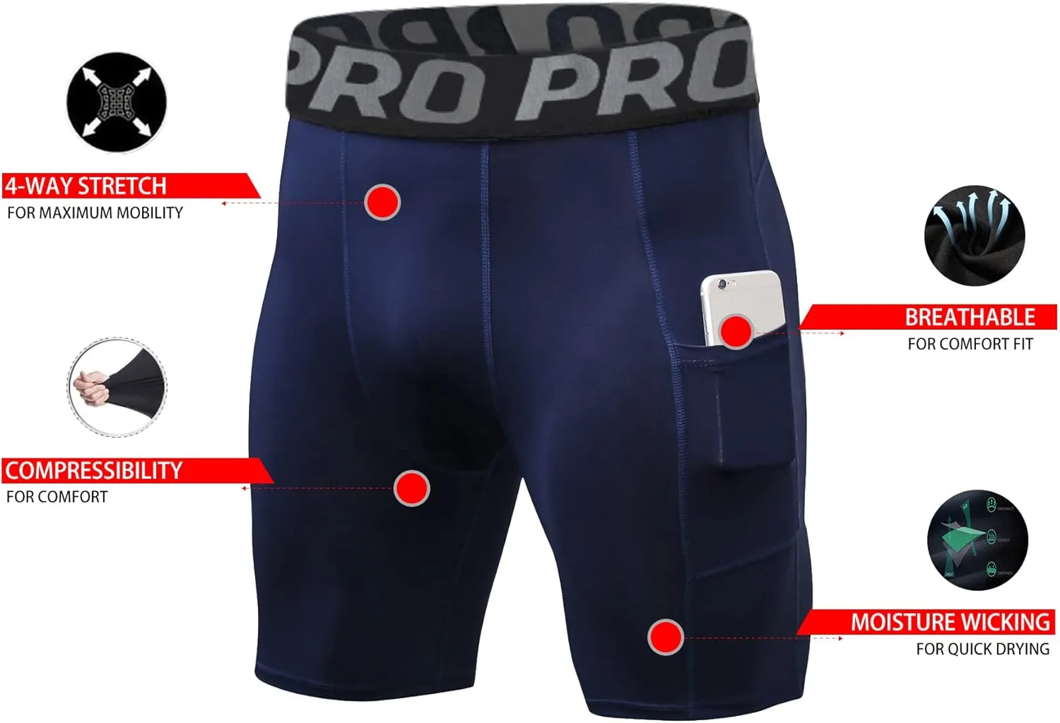 LANBAOSI Mens Compression Shorts with Phone Pocket Running Gym Yoga Athletic Tights Baselayer Summer Cool Dry Underwear Pack