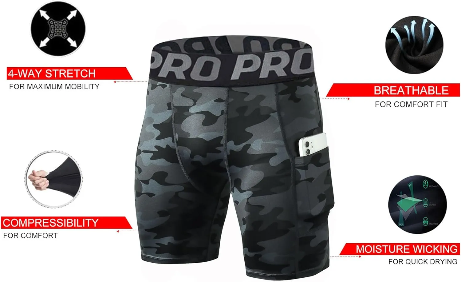 LANBAOSI Mens Compression Shorts with Phone Pocket Running Gym Yoga Athletic Tights Baselayer Summer Cool Dry Underwear Pack