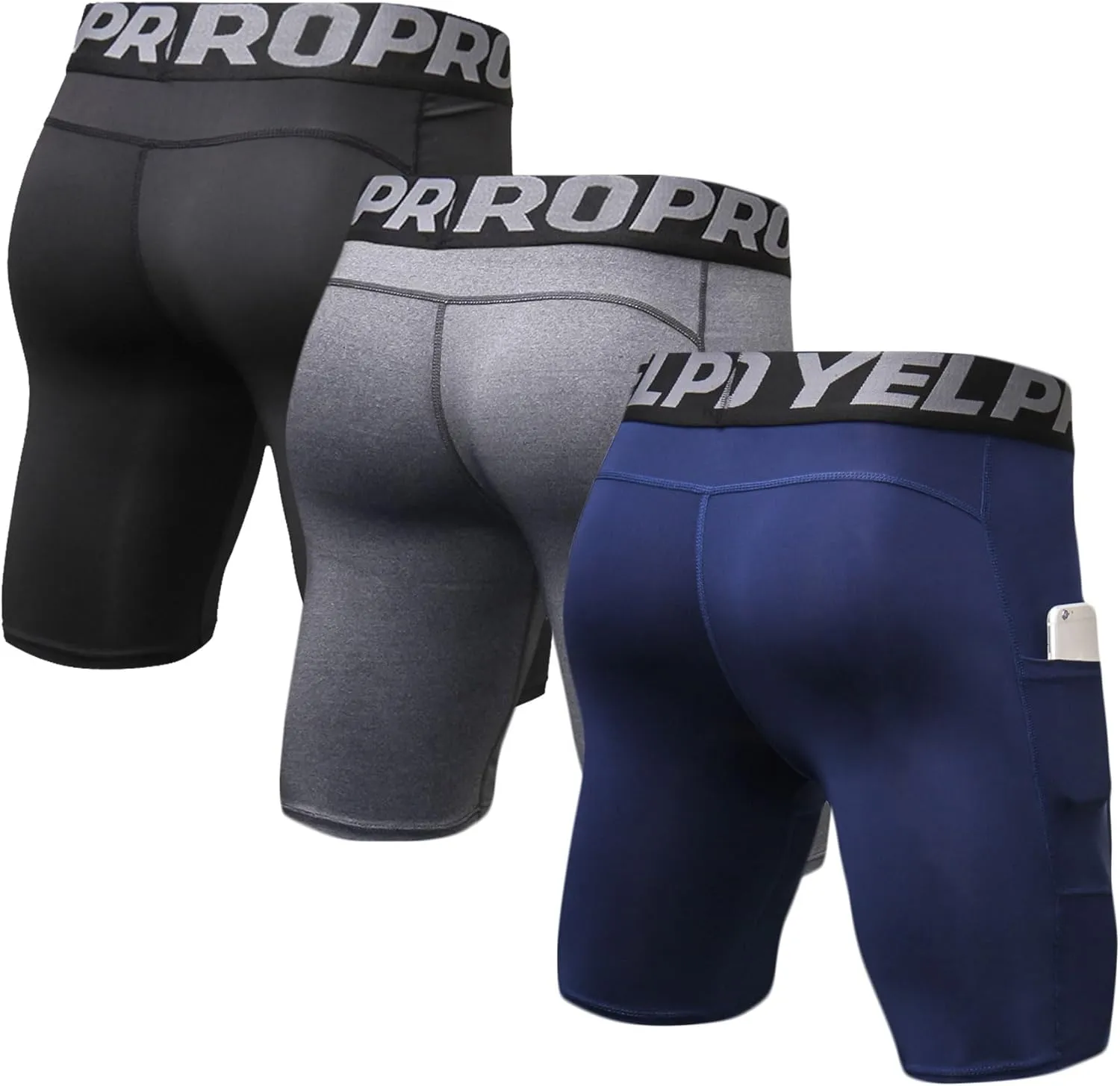LANBAOSI Mens Compression Shorts with Phone Pocket Running Gym Yoga Athletic Tights Baselayer Summer Cool Dry Underwear Pack
