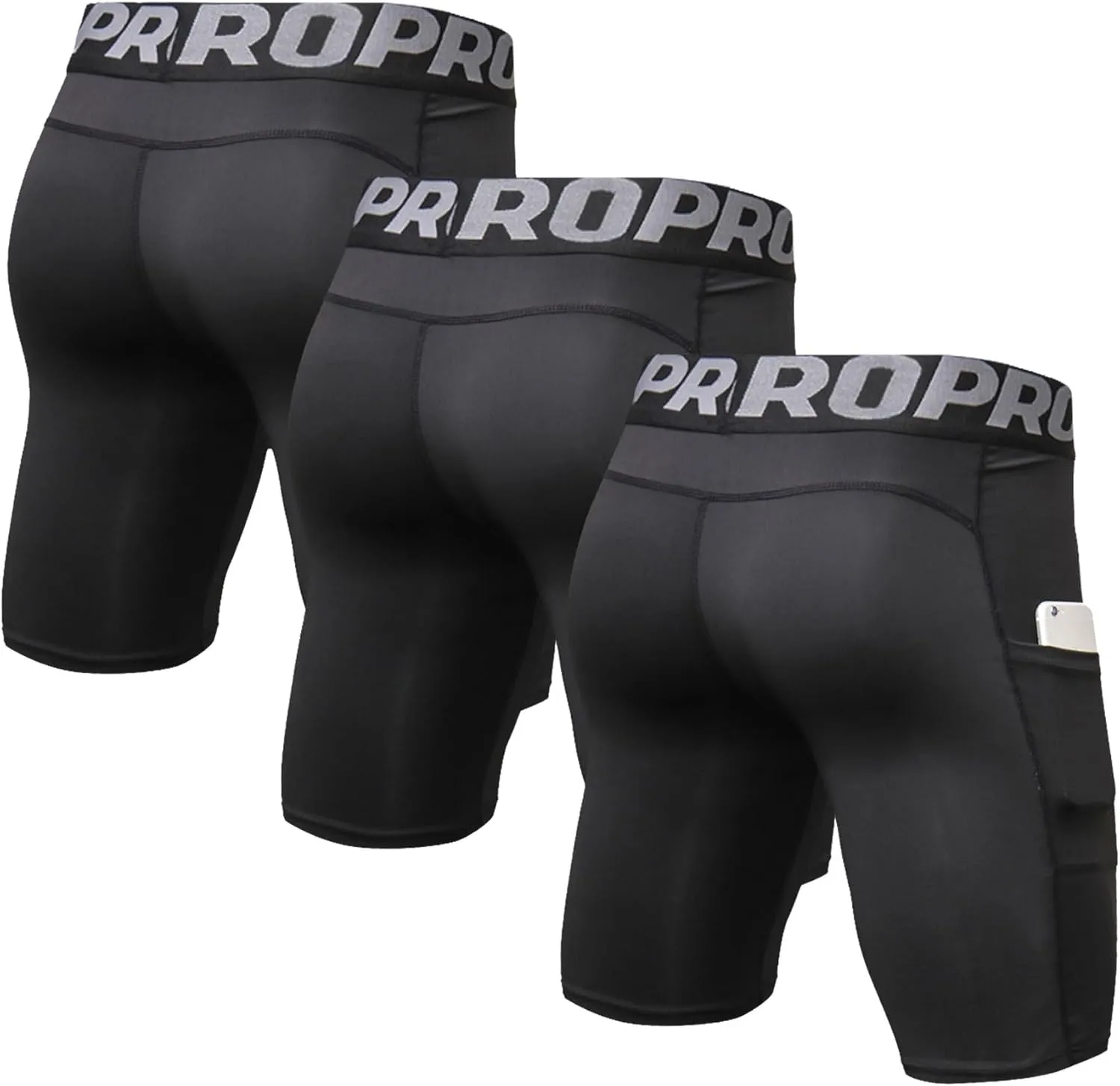 LANBAOSI Mens Compression Shorts with Phone Pocket Running Gym Yoga Athletic Tights Baselayer Summer Cool Dry Underwear Pack