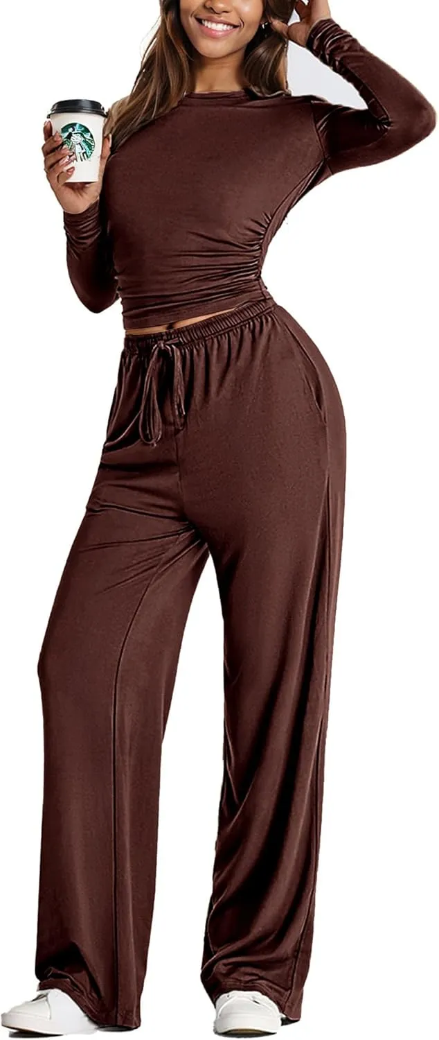 LICOBOD Long sleeve 2 piece Lounge sets for women winter clothes casual Wide Leg Pants comfy Outfits Matching set Streetwear