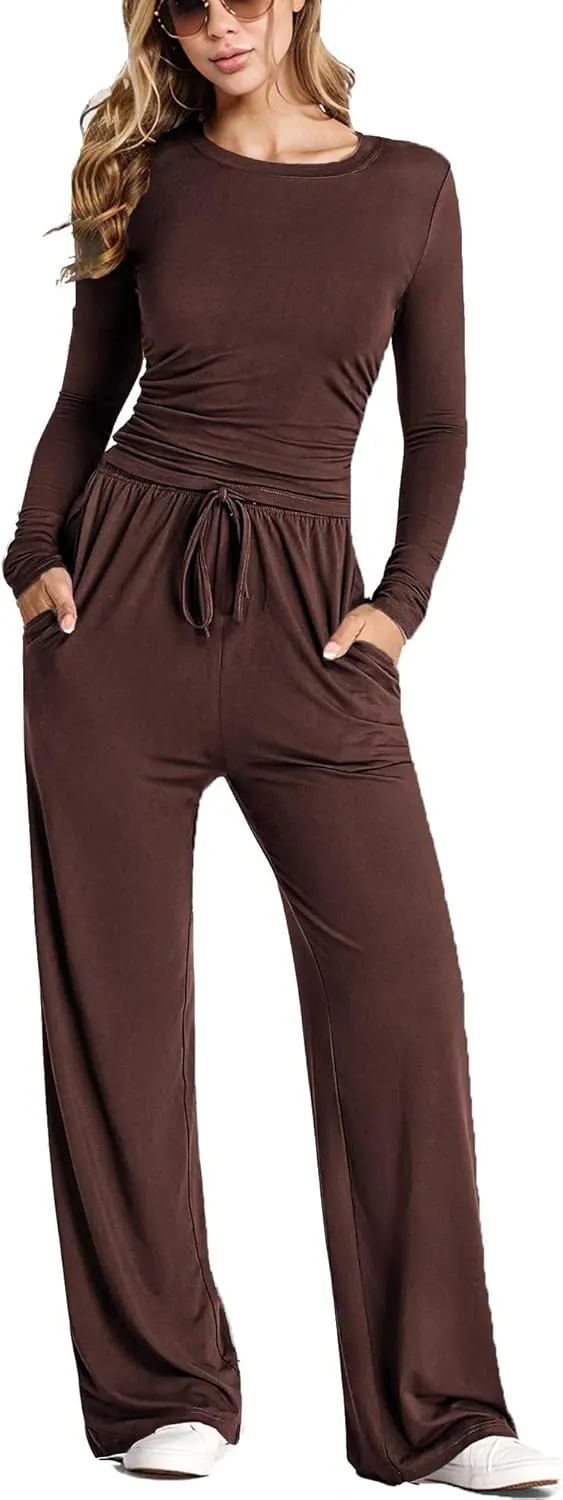 LICOBOD Long sleeve 2 piece Lounge sets for women winter clothes casual Wide Leg Pants comfy Outfits Matching set Streetwear