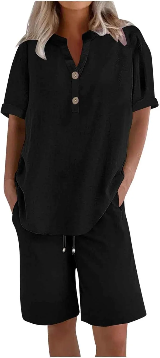 Linen Set for Women 2 Piece Summer Outfits Plus Size Short Sleeve Graphic Tees Short Pants Lounge Matching Sets