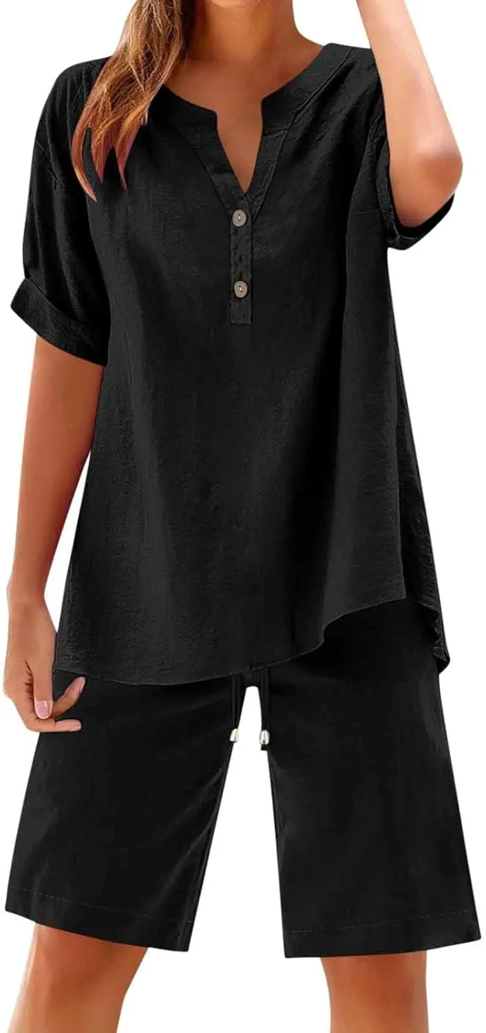Linen Set for Women 2 Piece Summer Outfits Plus Size Short Sleeve Graphic Tees Short Pants Lounge Matching Sets
