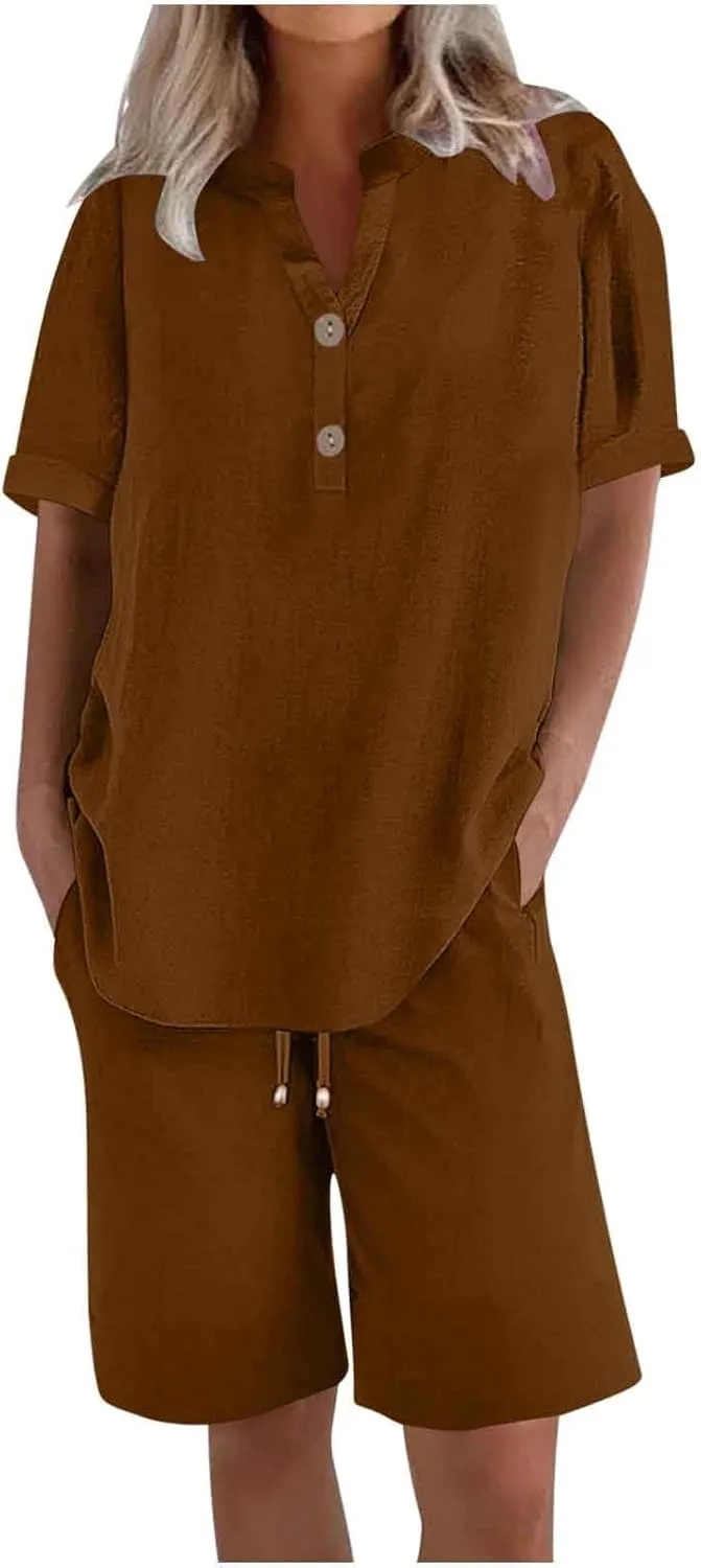 Linen Set for Women 2 Piece Summer Outfits Plus Size Short Sleeve Graphic Tees Short Pants Lounge Matching Sets