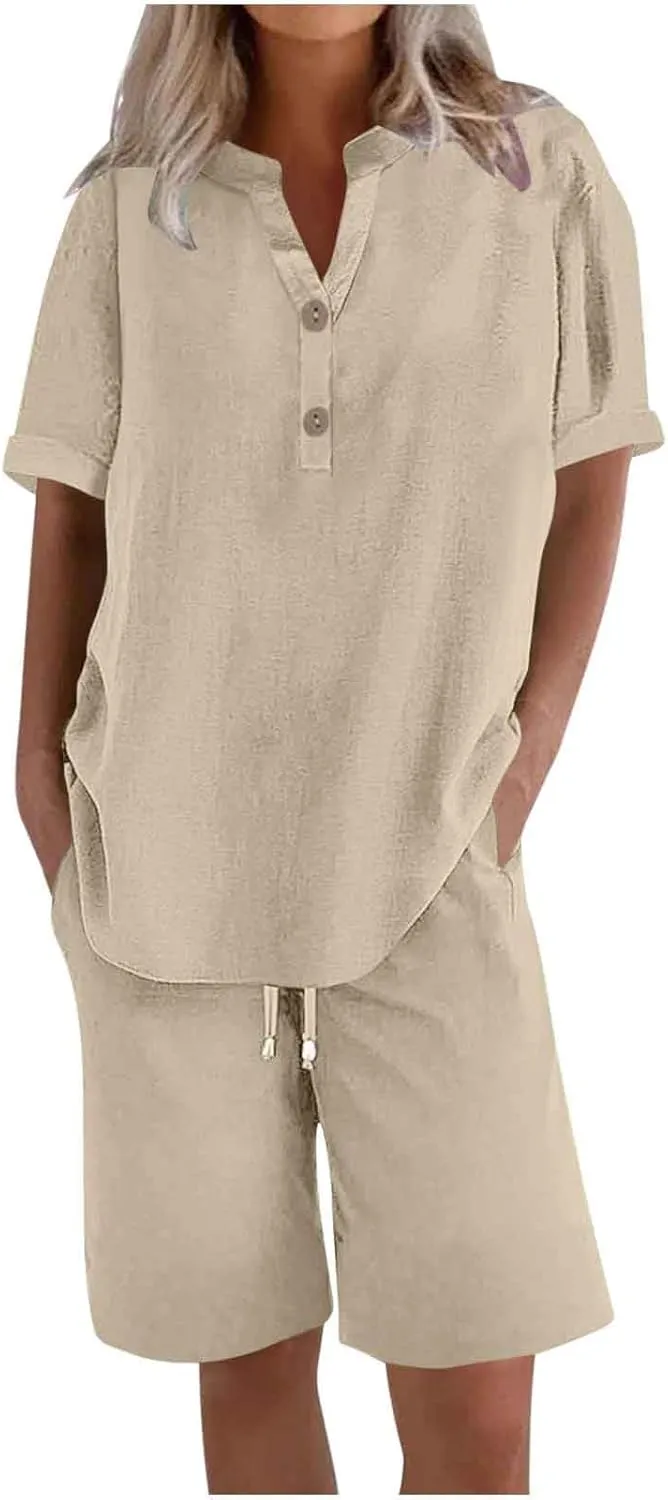 Linen Set for Women 2 Piece Summer Outfits Plus Size Short Sleeve Graphic Tees Short Pants Lounge Matching Sets