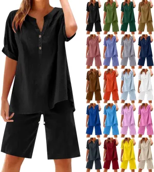 Linen Set for Women 2 Piece Summer Outfits Plus Size Short Sleeve Graphic Tees Short Pants Lounge Matching Sets
