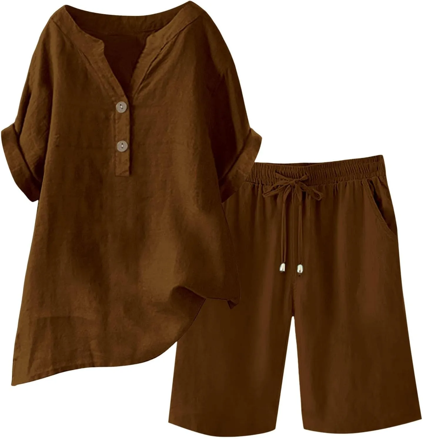 Linen Set for Women 2 Piece Summer Outfits Plus Size Short Sleeve Graphic Tees Short Pants Lounge Matching Sets