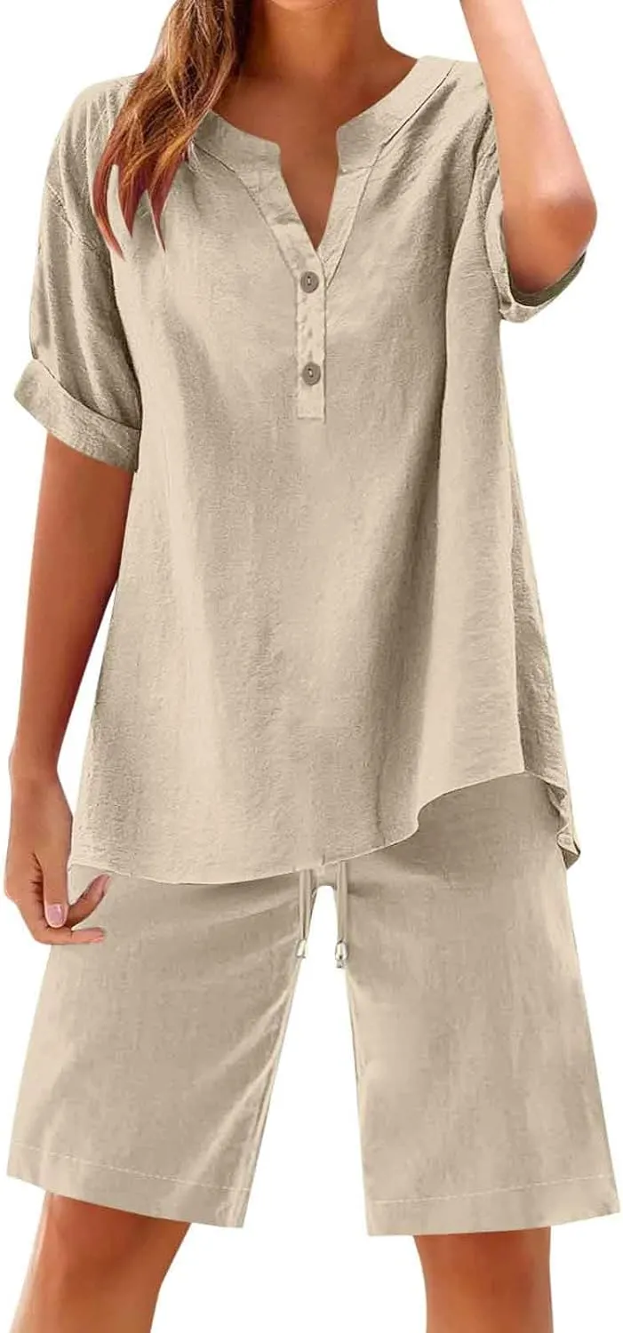 Linen Set for Women 2 Piece Summer Outfits Plus Size Short Sleeve Graphic Tees Short Pants Lounge Matching Sets