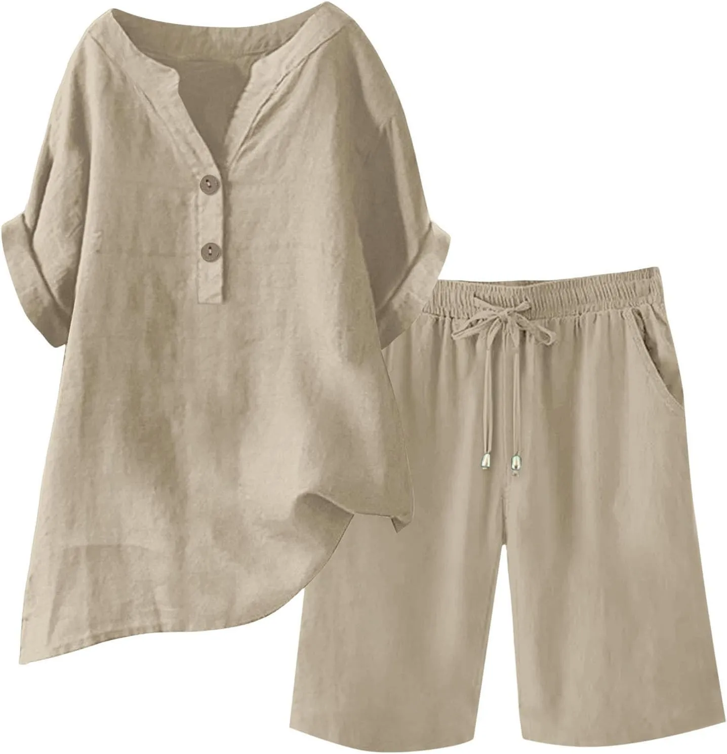 Linen Set for Women 2 Piece Summer Outfits Plus Size Short Sleeve Graphic Tees Short Pants Lounge Matching Sets