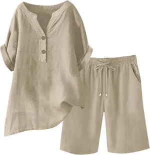 Linen Set for Women 2 Piece Summer Outfits Plus Size Short Sleeve Graphic Tees Short Pants Lounge Matching Sets