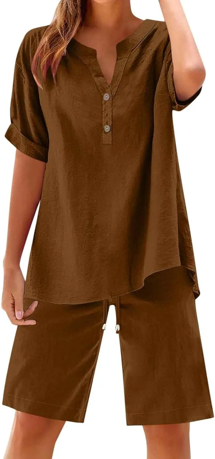 Linen Set for Women 2 Piece Summer Outfits Plus Size Short Sleeve Graphic Tees Short Pants Lounge Matching Sets