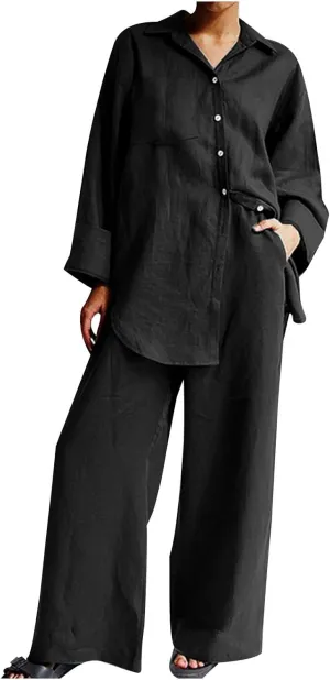 Linen Set for Women Two Piece Outfits Oversized Long Sleeve Button Down Shirts Wide Leg Pants Casual Matching Sets