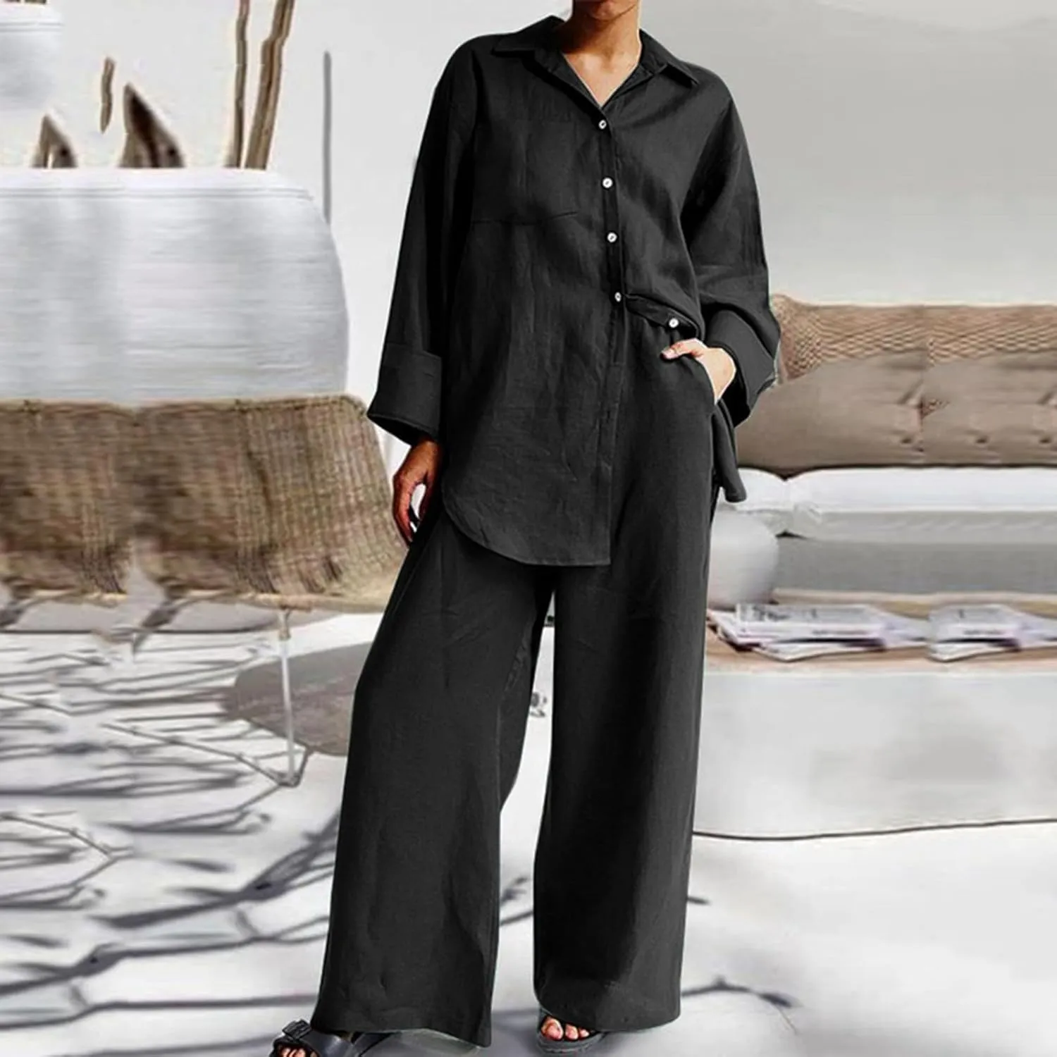 Linen Set for Women Two Piece Outfits Oversized Long Sleeve Button Down Shirts Wide Leg Pants Casual Matching Sets