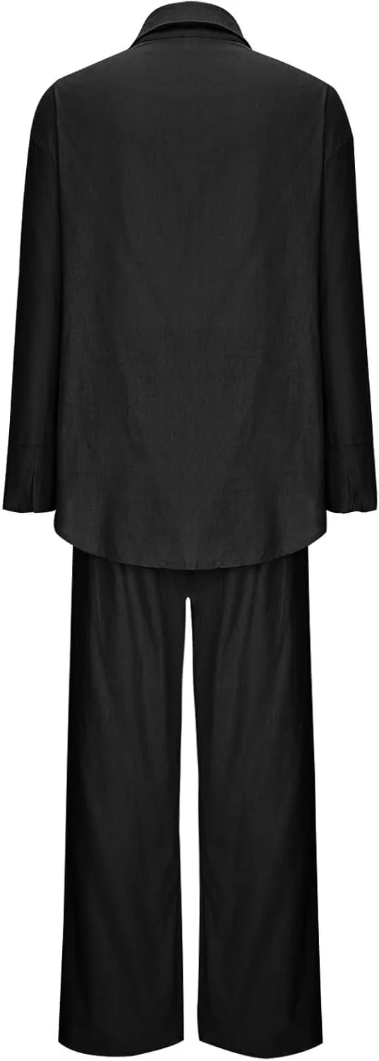 Linen Set for Women Two Piece Outfits Oversized Long Sleeve Button Down Shirts Wide Leg Pants Casual Matching Sets