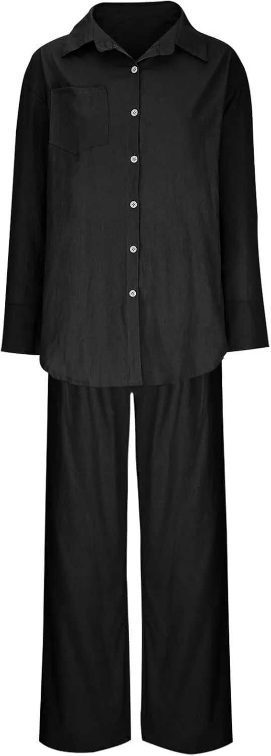 Linen Set for Women Two Piece Outfits Oversized Long Sleeve Button Down Shirts Wide Leg Pants Casual Matching Sets