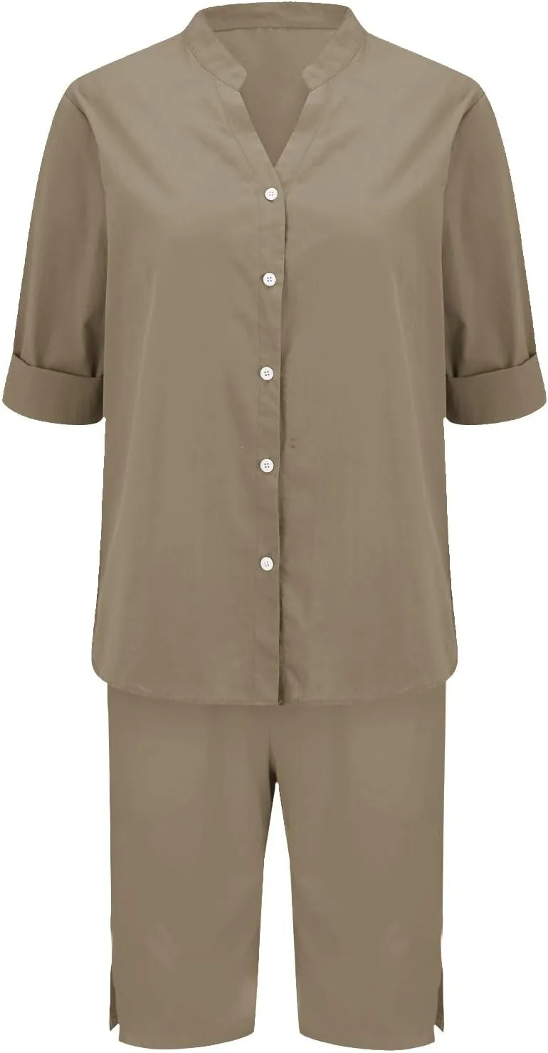 Linen Sets for Women 2 Piece Set Cotton Linen Pants Sets Summer Oversized Short Sleeve Button Shirt Outfits Comfy Suit