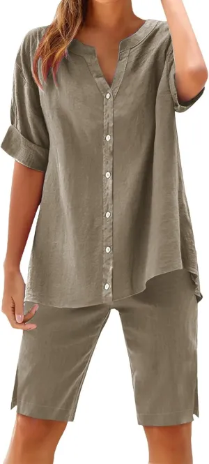 Linen Sets for Women 2 Piece Set Cotton Linen Pants Sets Summer Oversized Short Sleeve Button Shirt Outfits Comfy Suit