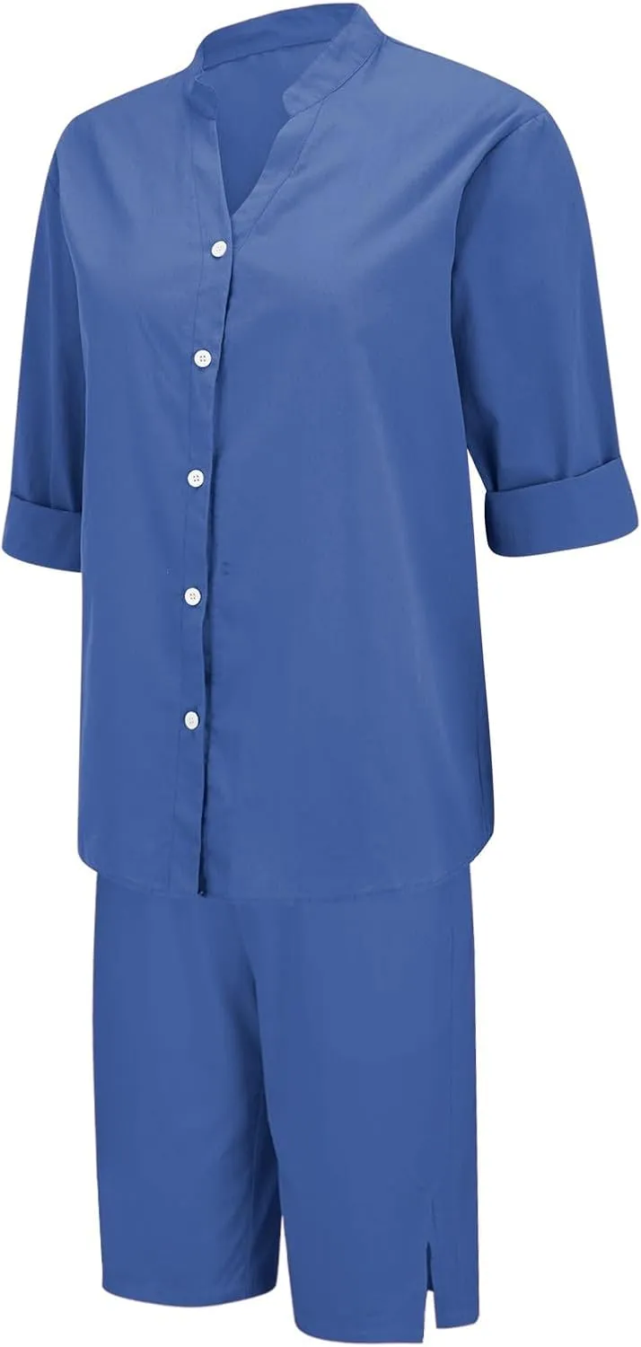 Linen Sets for Women 2 Piece Set Cotton Linen Pants Sets Summer Oversized Short Sleeve Button Shirt Outfits Comfy Suit
