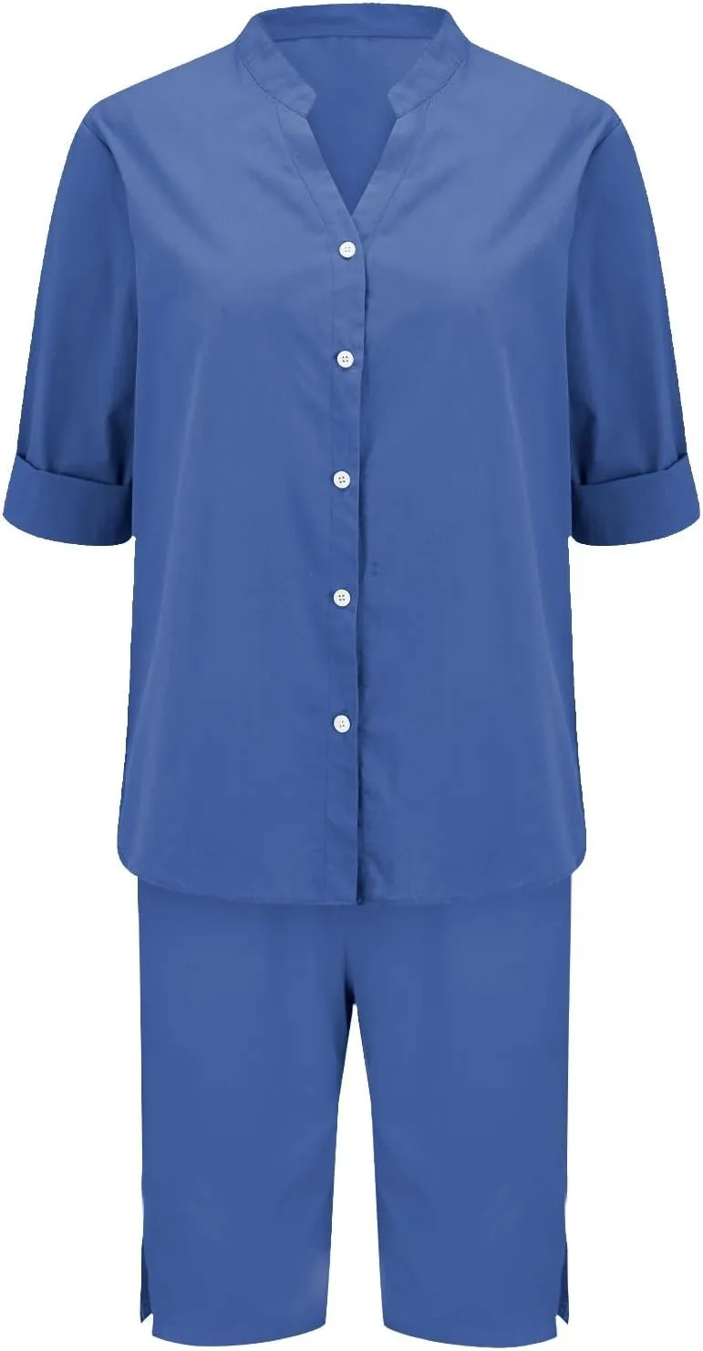 Linen Sets for Women 2 Piece Set Cotton Linen Pants Sets Summer Oversized Short Sleeve Button Shirt Outfits Comfy Suit