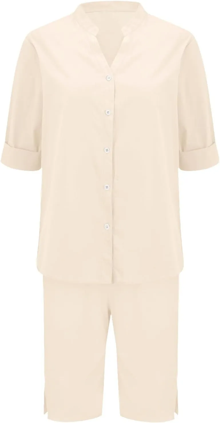 Linen Sets for Women 2 Piece Set Cotton Linen Pants Sets Summer Oversized Short Sleeve Button Shirt Outfits Comfy Suit