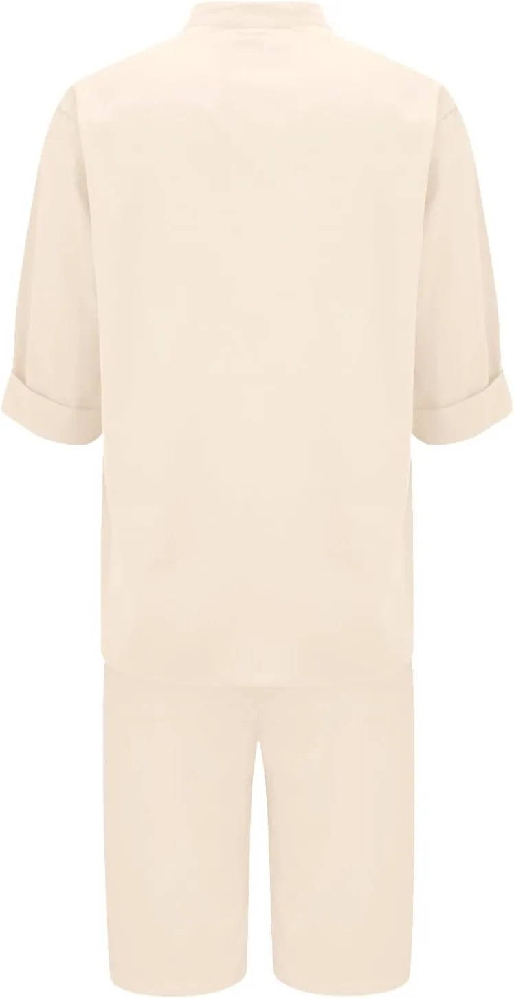 Linen Sets for Women 2 Piece Set Cotton Linen Pants Sets Summer Oversized Short Sleeve Button Shirt Outfits Comfy Suit