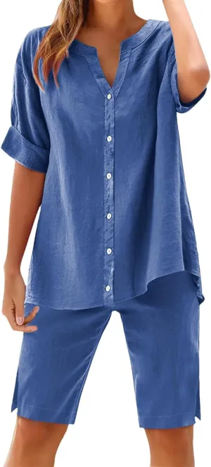 Linen Sets for Women 2 Piece Set Cotton Linen Pants Sets Summer Oversized Short Sleeve Button Shirt Outfits Comfy Suit