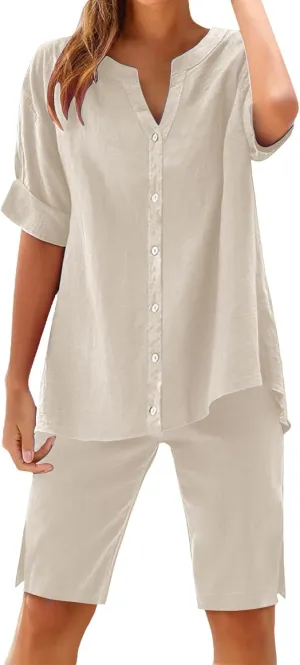 Linen Sets for Women 2 Piece Set Cotton Linen Pants Sets Summer Oversized Short Sleeve Button Shirt Outfits Comfy Suit