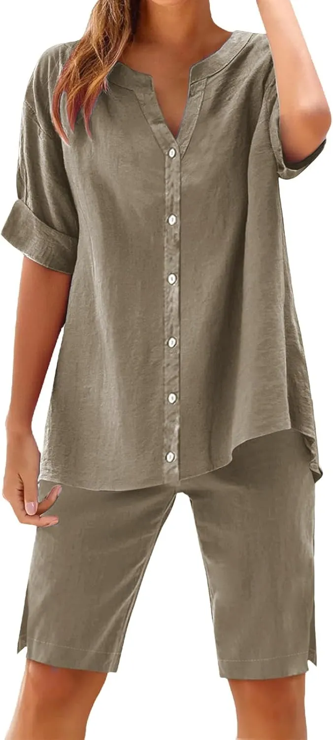 Linen Sets for Women 2 Piece Set Cotton Linen Pants Sets Summer Oversized Short Sleeve Button Shirt Outfits Comfy Suit