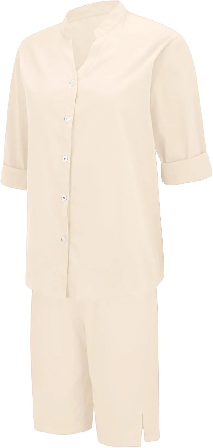 Linen Sets for Women 2 Piece Set Cotton Linen Pants Sets Summer Oversized Short Sleeve Button Shirt Outfits Comfy Suit