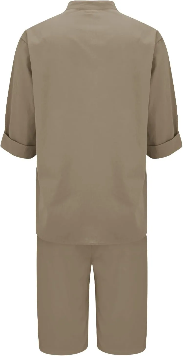 Linen Sets for Women 2 Piece Set Cotton Linen Pants Sets Summer Oversized Short Sleeve Button Shirt Outfits Comfy Suit
