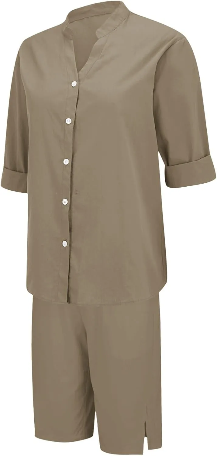 Linen Sets for Women 2 Piece Set Cotton Linen Pants Sets Summer Oversized Short Sleeve Button Shirt Outfits Comfy Suit