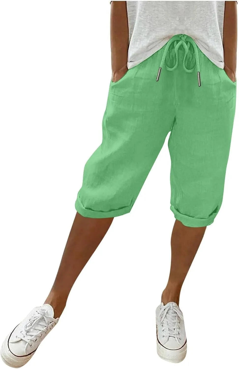 Linen Shorts for Women Knee Length Bermuda Shorts Drawstring Elastic Waist Summer Casual Gym Shorts with Pockets