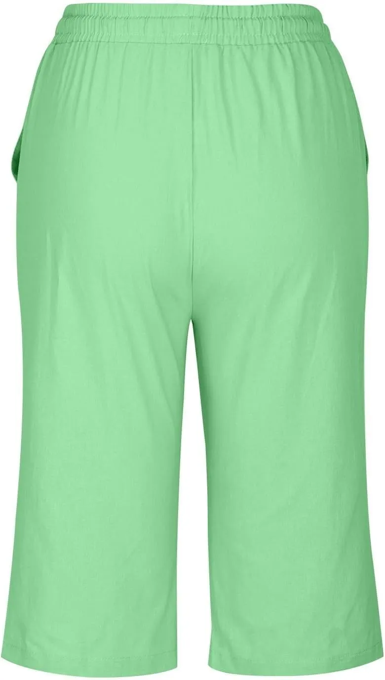 Linen Shorts for Women Knee Length Bermuda Shorts Drawstring Elastic Waist Summer Casual Gym Shorts with Pockets