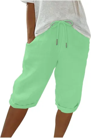 Linen Shorts for Women Knee Length Bermuda Shorts Drawstring Elastic Waist Summer Casual Gym Shorts with Pockets
