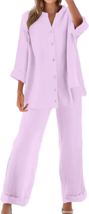 Lounge Sets for Women - Cotton Linen Pants Sets Summer Oversized Long Sleeve Button Shirt Casual Outfits Comfy Suit