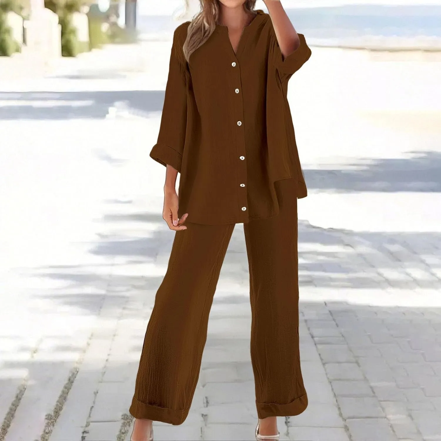 Lounge Sets for Women - Cotton Linen Pants Sets Summer Oversized Long Sleeve Button Shirt Casual Outfits Comfy Suit