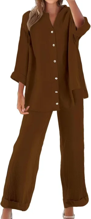 Lounge Sets for Women - Cotton Linen Pants Sets Summer Oversized Long Sleeve Button Shirt Casual Outfits Comfy Suit