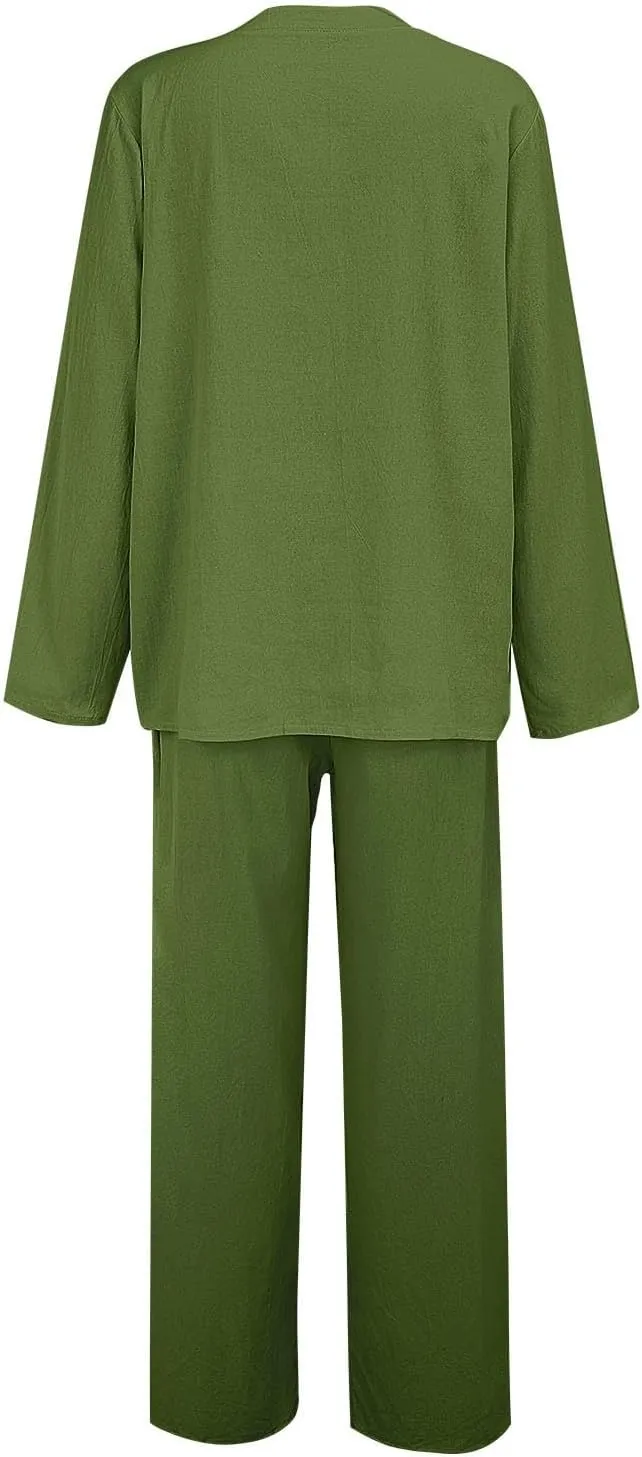 Lounge Sets for Women - Cotton Linen Pants Sets Summer Oversized Long Sleeve Button Shirt Casual Outfits Comfy Suit