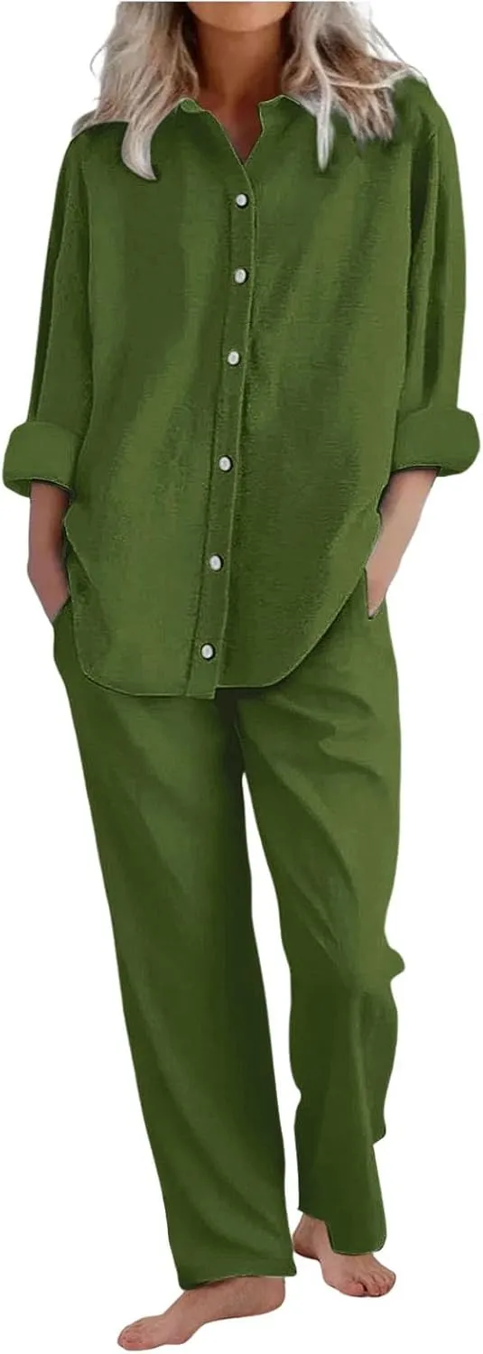 Lounge Sets for Women - Cotton Linen Pants Sets Summer Oversized Long Sleeve Button Shirt Casual Outfits Comfy Suit