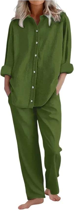 Lounge Sets for Women - Cotton Linen Pants Sets Summer Oversized Long Sleeve Button Shirt Casual Outfits Comfy Suit