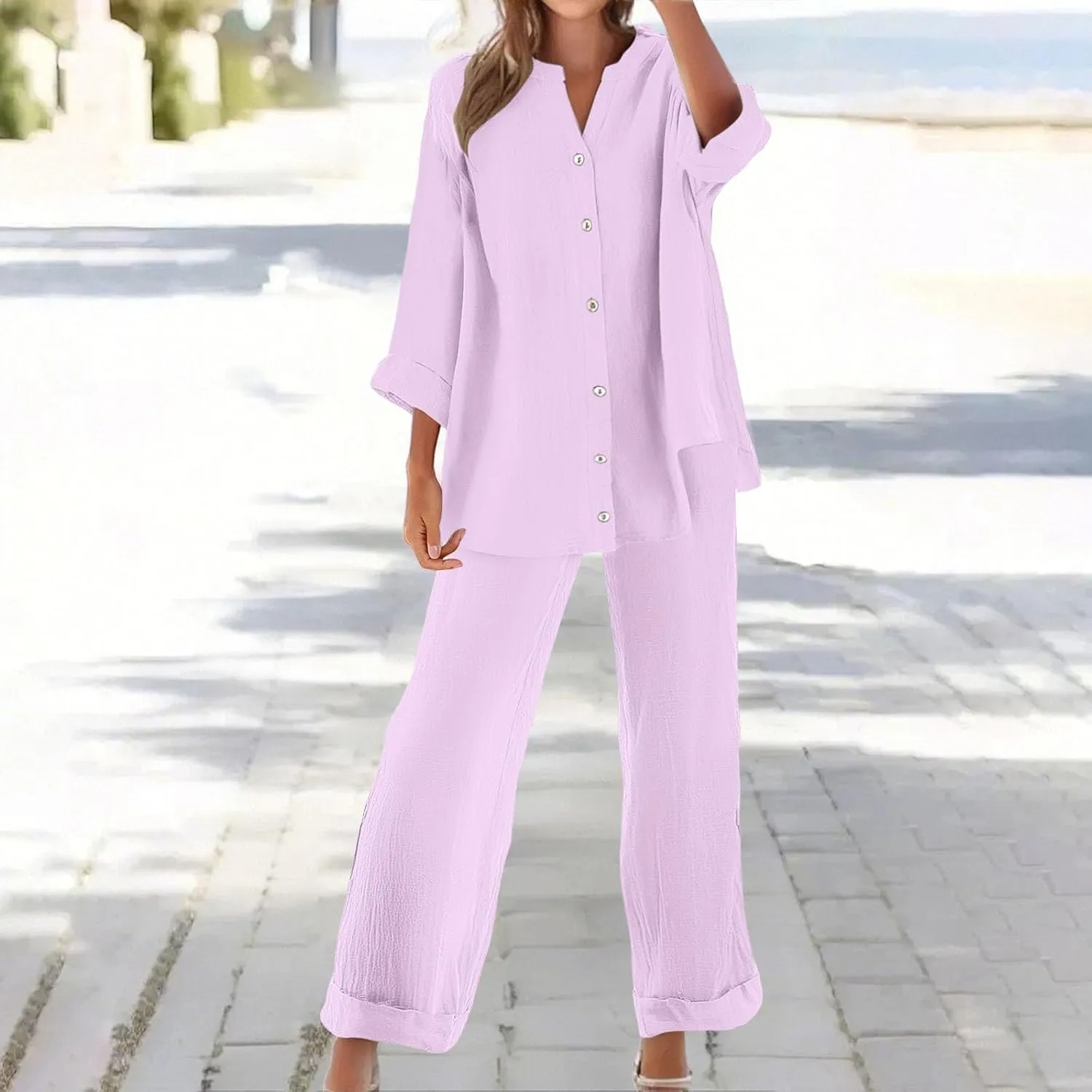 Lounge Sets for Women - Cotton Linen Pants Sets Summer Oversized Long Sleeve Button Shirt Casual Outfits Comfy Suit
