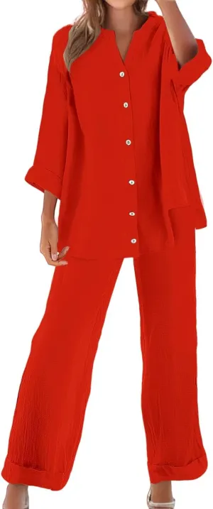 Lounge Sets for Women - Cotton Linen Pants Sets Summer Oversized Long Sleeve Button Shirt Casual Outfits Comfy Suit