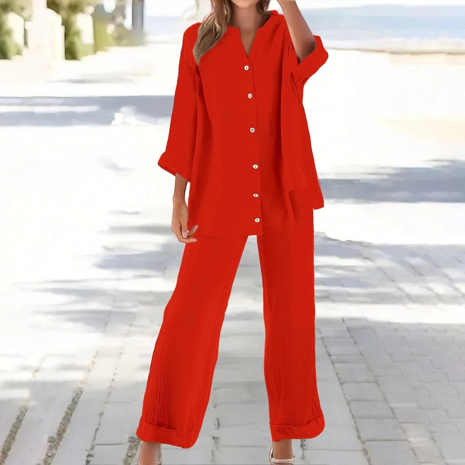 Lounge Sets for Women - Cotton Linen Pants Sets Summer Oversized Long Sleeve Button Shirt Casual Outfits Comfy Suit