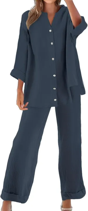 Lounge Sets for Women - Cotton Linen Pants Sets Summer Oversized Long Sleeve Button Shirt Casual Outfits Comfy Suit